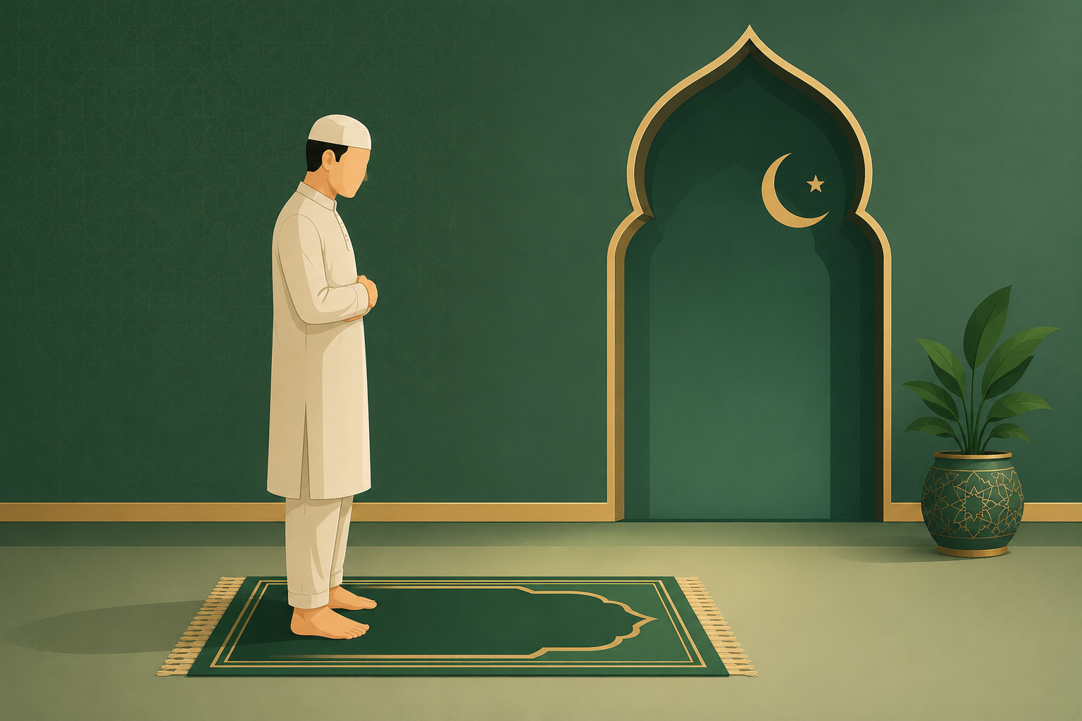 Qiyam position in Salah — standing with hands folded on the chest.