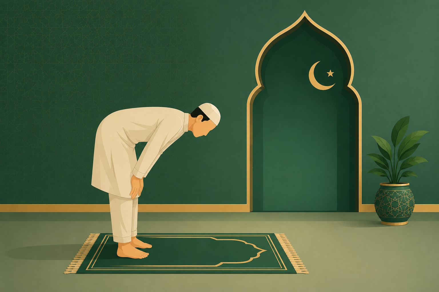 Ruku position in Salah — bowing with hands on the knees and a straight back.