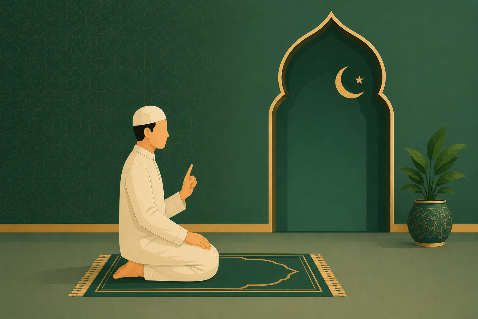 Tashahhud sitting position in Salah with the right index finger raised.
