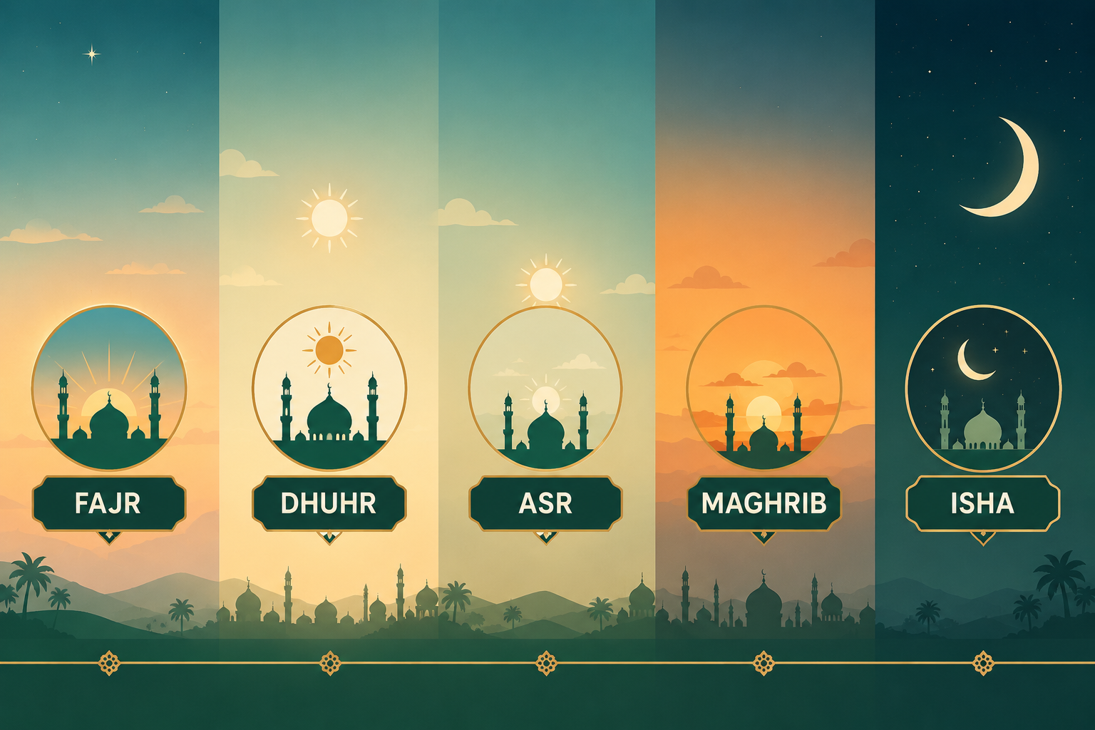 The five daily Islamic prayers — Fajr, Dhuhr, Asr, Maghrib and Isha across the day.