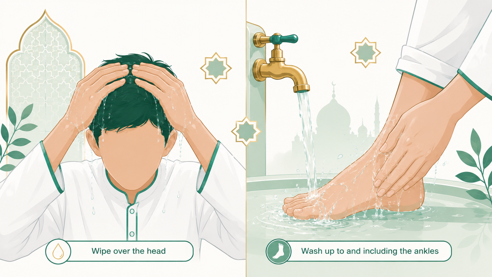 Wiping the head and washing the feet to the ankles during wudu